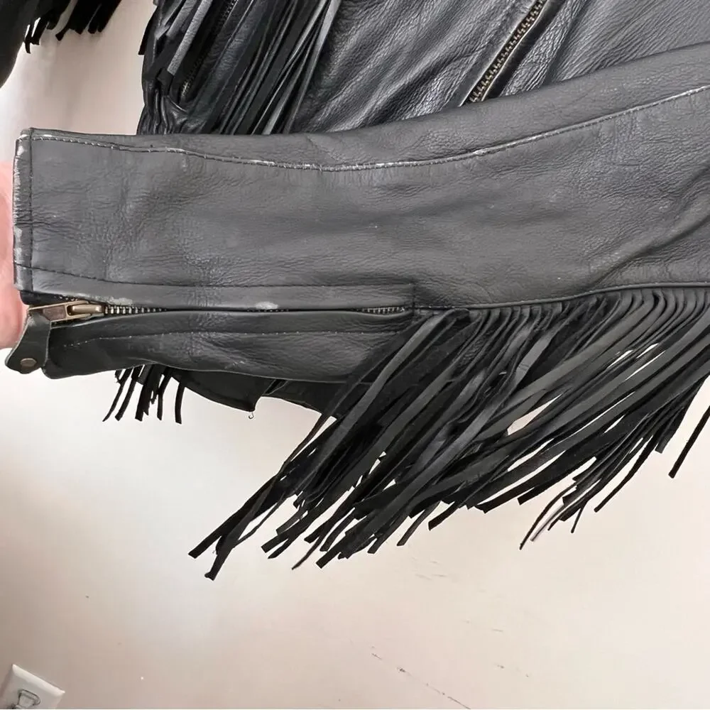 Unik Vintage Biker 80’s Fringe Leather Jacket Black Size M removable liner - Picture 4 of 13